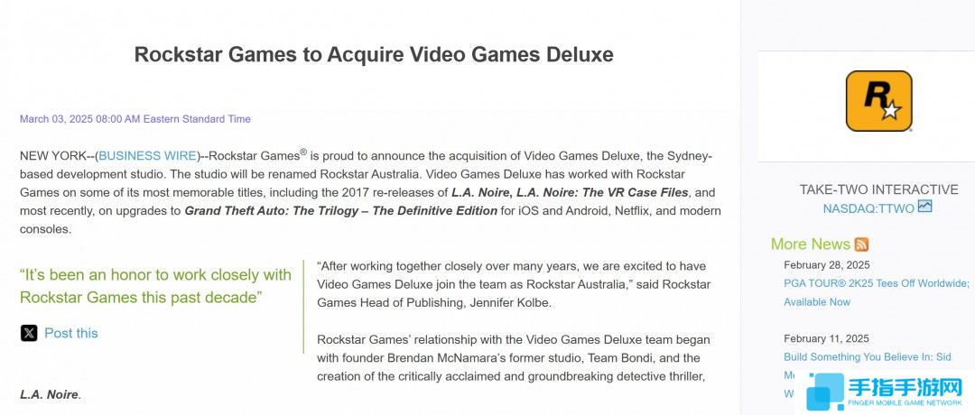 R星收购《GTA:三部曲-终极版》手游版开发商Video Games Deluxe