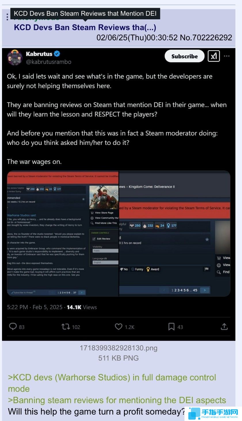 《天国:拯救2》禁止大家在Steam上讨论DEI