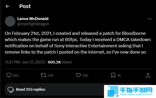 PlayStation勒令2021年发布的《血源诅咒》60帧MOD下架